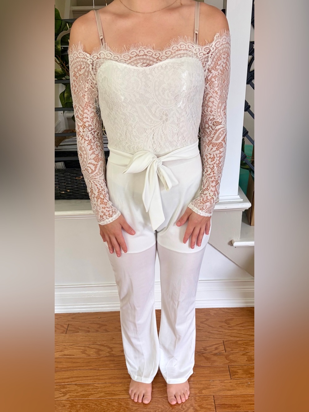 White Lace Off Shoulder Bridal Jumpsuit Wide Leg Pants Size Medium